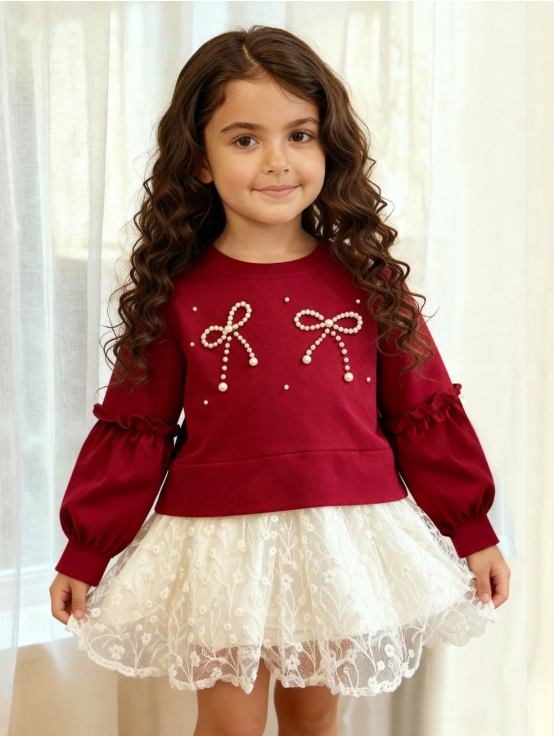 پیراهن یلدایی دخترانه جنس دورس و گیپور برند کیدس