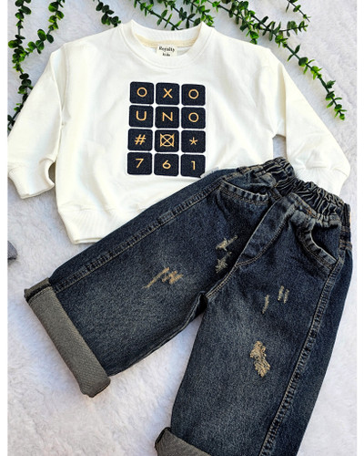 شلوار بگ کثیف شور بسیار جذاب ست با بلوز دورس پبنه همراه تیکه دوزی جین گرم بالا روی بلوز