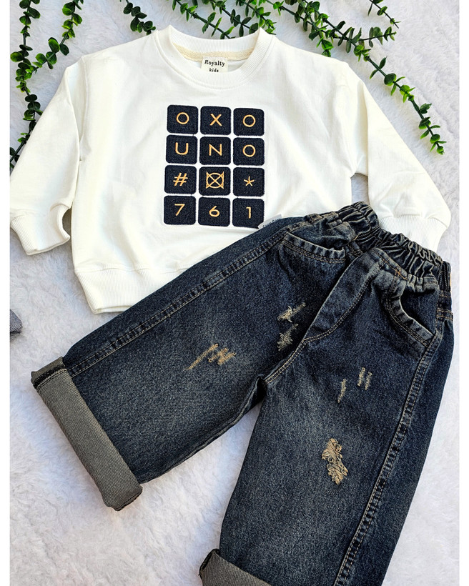 شلوار بگ کثیف شور بسیار جذاب ست با بلوز دورس پبنه همراه تیکه دوزی جین گرم بالا روی بلوز